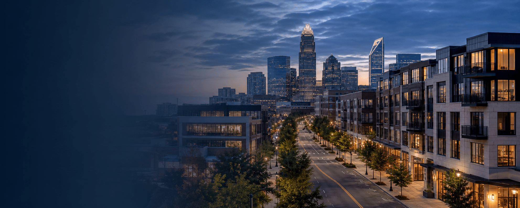 A Charlotte-area mixed-use district with residential, commercial, and skyline views